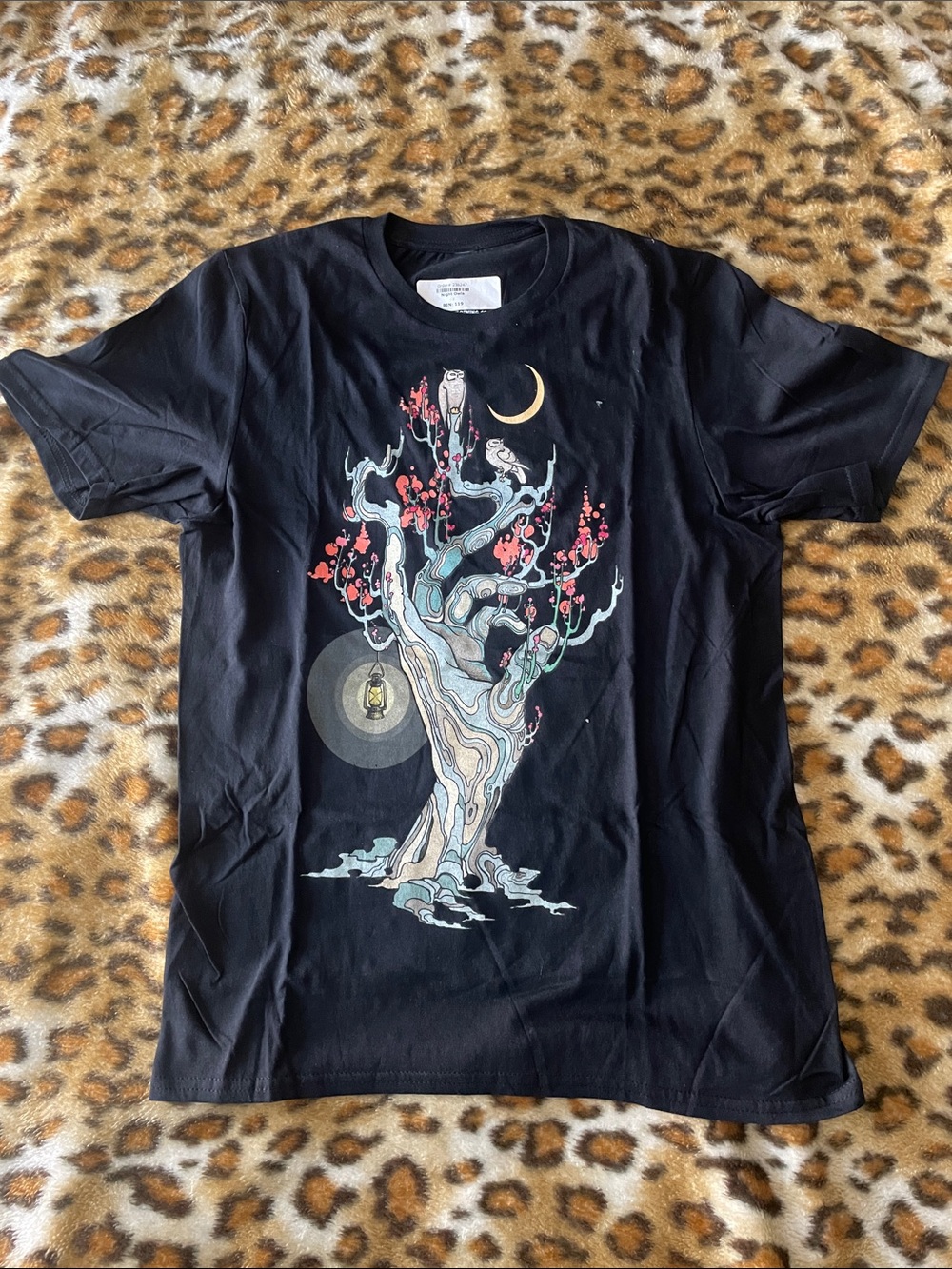 Black Short-Sleeve Graphic Tee with Nighttime Tree Illustration